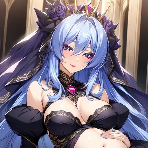 ((Highest quality)), ((masterpiece)), (detailed), （Perfect Face）、The woman is the pregnant evil queen, Extia, with medium-long blue hair, wearing a gorgeous black wedding dress with gold embroidery and trim, a black wedding veil, an engagement ring, gorgeo...