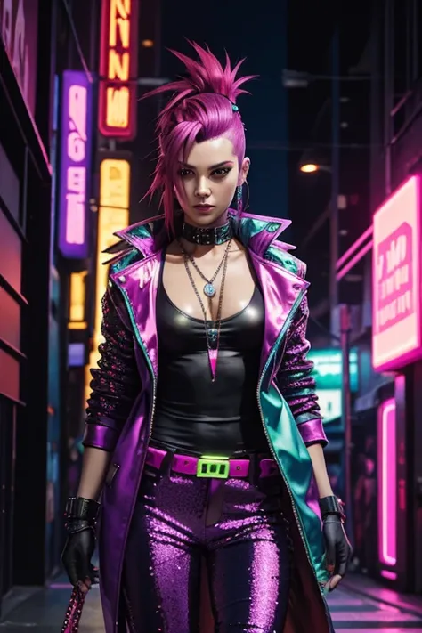 Cyberpunk, Woman, open purple sequin coat, red clothing, cyberpunk mercenary, red silk shirt, neon green Mohawk hair, neon party lights in background, bright yellow pants