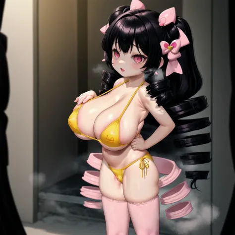 black hair, female, twin drills, solo, smol, pink eyes, massive breasts, very long hair, wear yellow tight bikini, masterpiece, ultra high quality