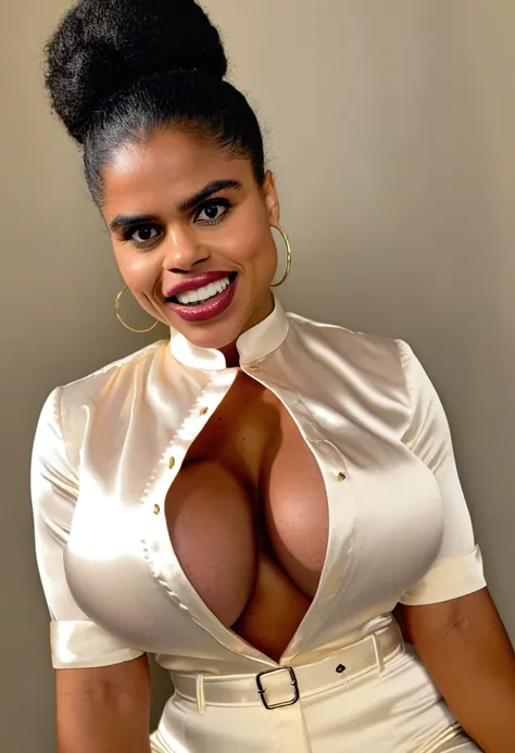 (bodybuilder zazie beetz showing closed teeth with flared nostrils and furrowed brows:1.5) in a (closed satin skintight buttondown band collar blouse:1.6), tight hairbun, skintight satin pants, 
