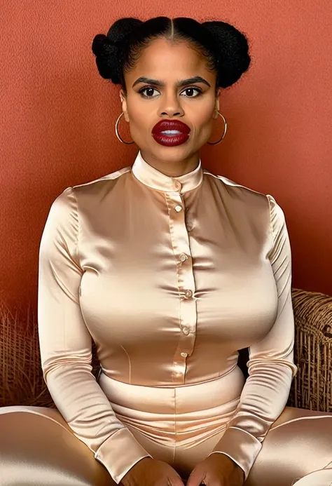 (bodybuilder zazie beetz showing closed teeth with flared nostrils and furrowed brows:1.5) in a (closed satin skintight buttondown band collar blouse:1.6), tight hairbun, skintight satin pants, 
