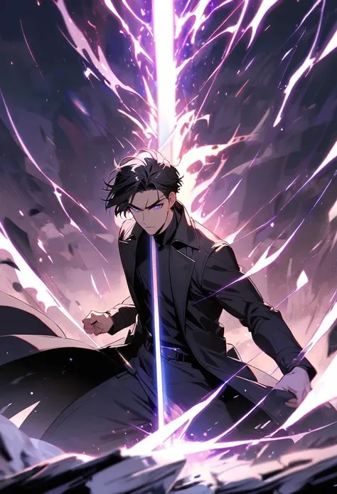 handsome, alone, 1 man, short hair, black hair, purple eyes, black shirt, black coat, Lots of power,fight with sword