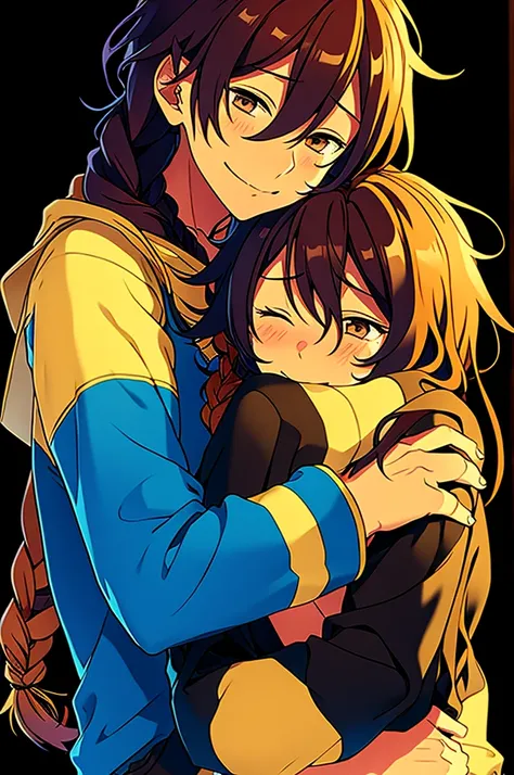 Mayoi hugging cute girl with long caramel hair and brown eyes