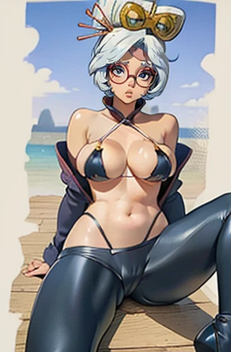 cheap, White hair ,red glasses Aura, hair ornament, Red eyes, earrings ,pomade, eyeshadow , bikini dunkellila, Wizard (Bikini-Krieger) ,black boots above the knee, black elbow gloves, leggings, cum on clothes 