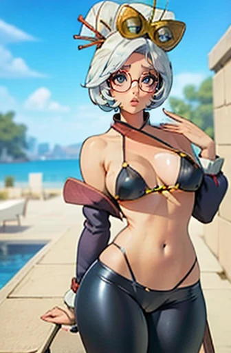 cheap, White hair ,red glasses Aura, hair ornament, Red eyes, earrings ,pomade, eyeshadow , bikini dunkellila, Wizard (Bikini-Krieger) ,black boots above the knee, black elbow gloves, leggings, cum on clothes 