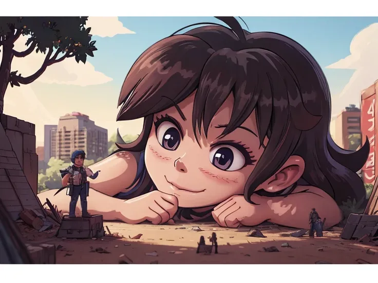 giantess eating tiny people,vore illustrate,Smile and open your mouth wide、迫力のあるLow - Angle、Eatable POV、Lie face down on the ground、Adult women、anime、エロanime、変態anime、nude、Sunset、blush、Black Hair、Brown Hair、smile、steam、Urban area、Tokyo、Woman looking down on...