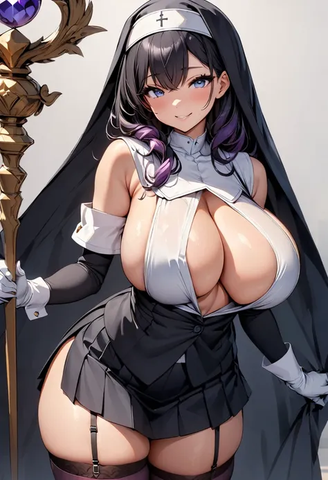 masterpiece, best quality, 1girl, solo, breasts, thighhighs, blue-eyes, staff, (huge-breasts), gloves, boots, black-hair, nun, habit, elbow-gloves, sideboob, garter-straps, purple-thighhighs, skirt, smile, curvy, thighs, full-body, simple-background, minis...