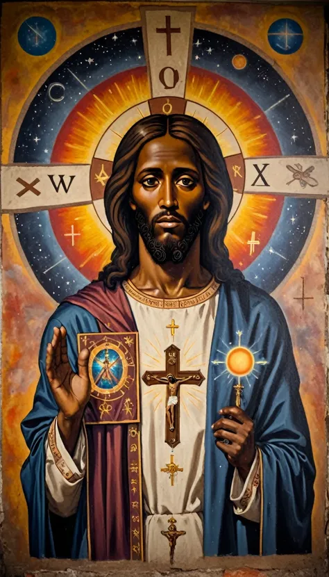 black jesus christ, orthodox painted on the wall, symbols and elements of astrology, and freemasonry, (no crosses) cosmic elemen...