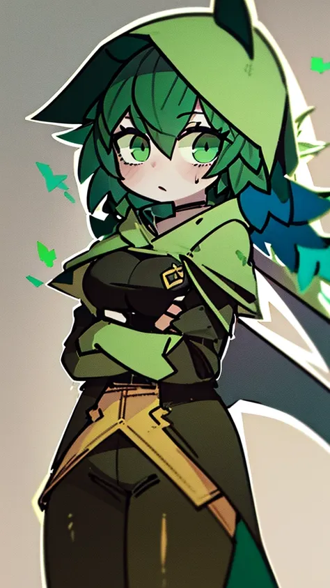 ult
18:16:49
green hair, green sclera, green eyes, colored skin, green skin, domino mask, cape, hood black jacket, brown pants leaf, crossed arms, blushing, chibi