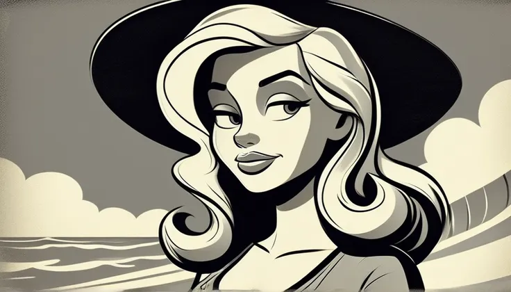 black and white vintage cartoon of a flat colors, close up, portrait of a 25 year old surfer girl, tan skin, beach blonde salty ...