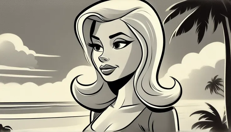 black and white vintage cartoon of a flat colors, close up, portrait of a 25 year old surfer girl, tan skin, beach blonde salty ...