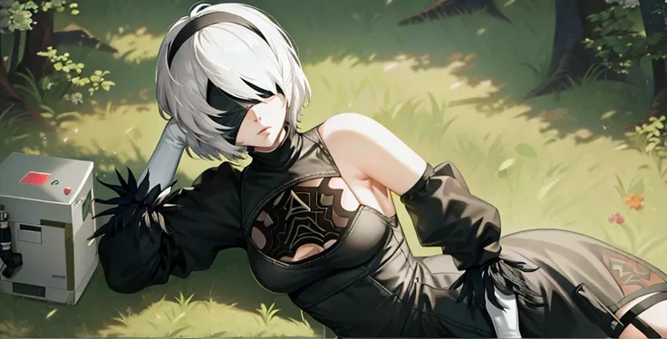 nier automata, 2b, eyes covered, showing armpits and pussy,half naked, forest backgroud.