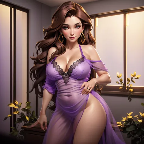 40-year-old mature mother with brown hair and big breasts dressed in a sexy, transparent purple nightgown where you can see her breasts and a black lace thong. She also wears golden triangular earrings.