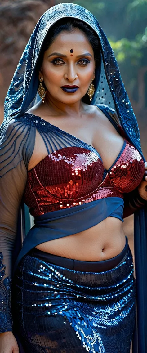 Looks like Madhuri Dixit, full body Closeup shot, Big chubby aunty, milf, cougar lady witch, horny Gothic milf,  70 years old gorgeous mature lady, pervert demoness, demoness of lust, curvy, black lips, horny face, extremely gorgeous, thick figure, heavy p...