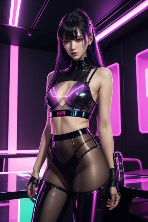 Cyberpunk, woman, Woman, brightly colored clothing shiny clothing, cyberpunk party with neon light display in background, transparent clothing with underwear visible underneath, not safe for work, transparent clothing over underwear, sheer clothing over un...