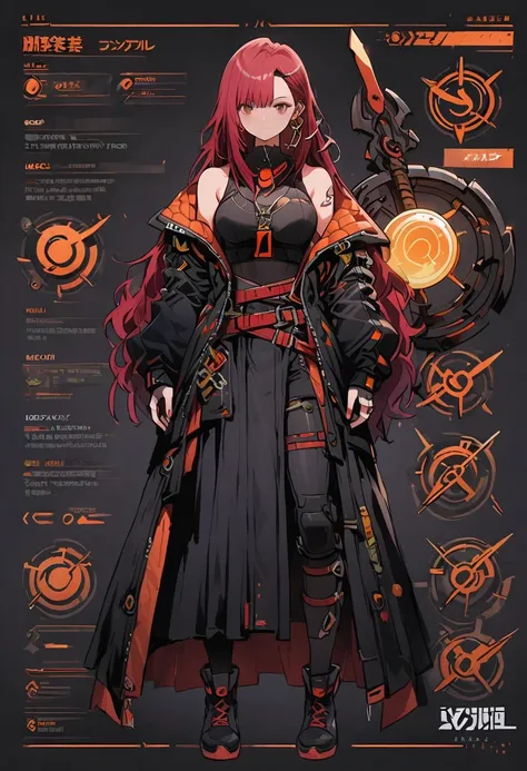 Framed Presentation of a cyberpunk mage, woman character design sheet, with detailed accessories, shoes, multiple weapons, and colorful mecanical, Ball Gown, high tech, staffs, full bodu