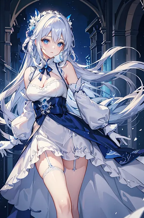 a woman with white hair and blue eyes、adult、long, fluffy wavy hair、braiding、wearing hair ornaments、princess、white gloves、blue an...