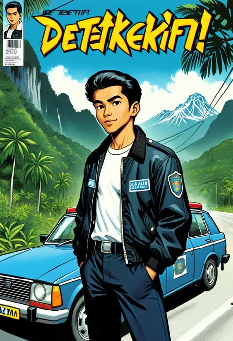 a comic book cover, 1990's comic illustration style. titled written "detektif azman" a malay man, wearing black bomber jacket. b...