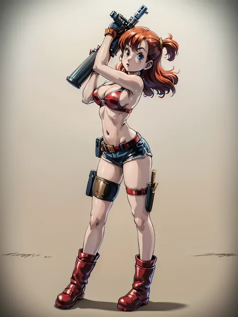 1girl, solo, gun, weapon, Leather Shorts, swimsuit, bulma, holster, boots, bikini, red hair, gloves, breasts, one side up, bikini top only, thigh holster, shorts, short shorts, cleavage, navel, medium breasts, handgun, full body, long hair, midriff, belt, ...