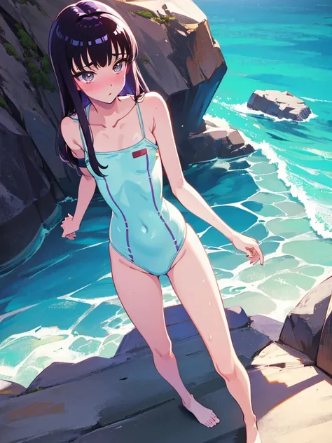 random patterned swimsuit、swimsuit,,blushing、pale brown eyes、dark purple hair、semi-long hair、head to toe full body、blushing、emba...