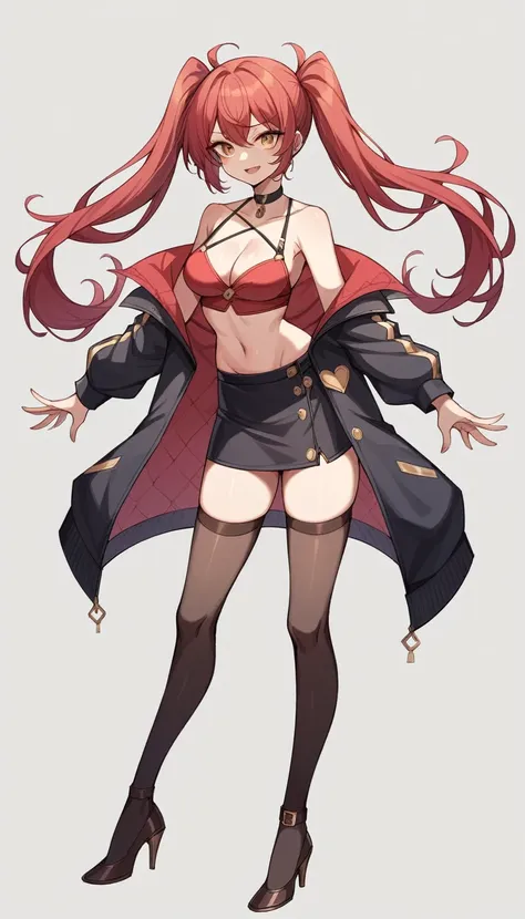 The character is a slender young woman.。She has reddish hair、Some of the hair is dyed white.、She has her hair styled in long twin tails.。Wearing a black jacket。The jacket is decorated with gold、It also has shoulder straps。Her outfit is sexy、Red bustier and...