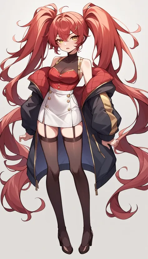 The character is a slender young woman.。She has reddish hair、Some of the hair is dyed white.、She has her hair styled in long twin tails.。Wearing a black jacket。The jacket is decorated with gold、It also has shoulder straps。Her outfit is sexy、Red bustier and...