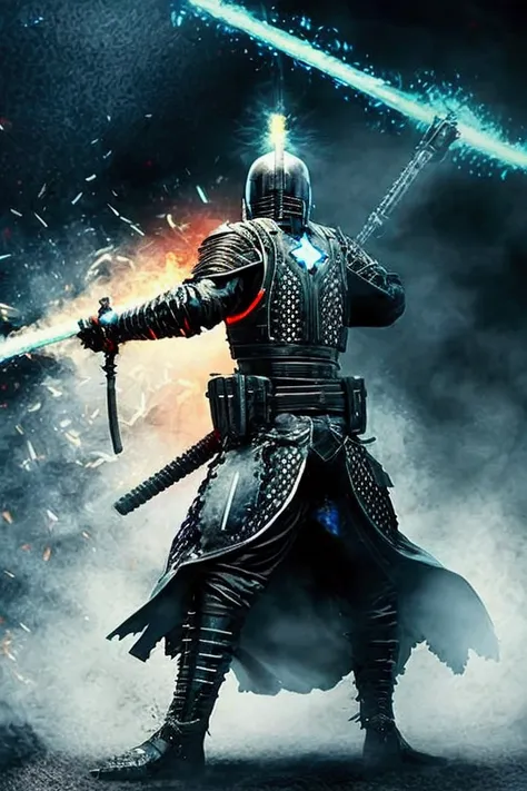 black background with aggressive blue lights, man with cyber punk style templar armor, tearing a flag technological ice style a ...