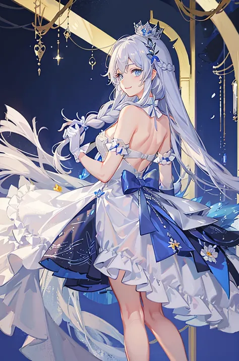 A woman with white hair and blue eyes、adult、Long, fluffy wavy hair、Braiding、Wearing hair ornaments、Smiling、Princess、White gloves、blue and white lace dress、ribbon、Decorations such as flowers and drops、The dress is short in the front and long in the back、Gar...