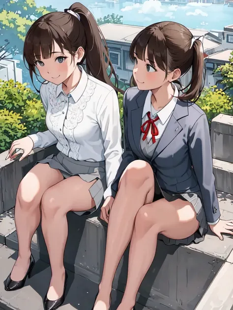 masterpiece, Highest quality, Absurd, Perfect Anatomy, Beautiful background, ２Two office ladies sitting side by side、, from the front、Portraiture、 ponytail、ribbon、Brown Hair,smile、Office Suits、Station stairs、Grey tight mini skirt、White lace panties、Low Ang...