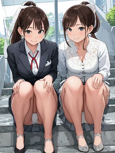 masterpiece, Highest quality, Absurd, Perfect Anatomy, Beautiful background, ２Two office ladies sitting side by side、, from the front、Portraiture、 ponytail、ribbon、Brown Hair,smile、Office Suits、Station stairs、Grey tight mini skirt、White lace panties、Low Ang...