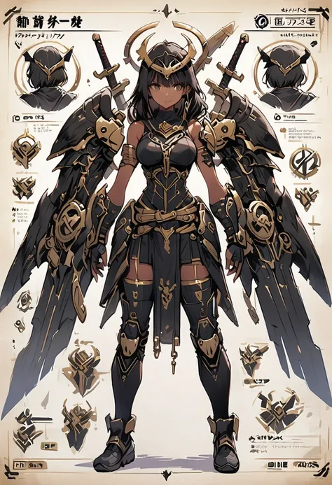 Framed Presentation of a warrior, woman character design sheet, with detailed accessories, shoes, multiple weapons, deep blue mecanical equipament, high tech, swords, full body