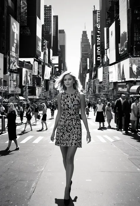 english blonde woman model walking down a busy city street in a dress, proportion of fashion models, a black and white photo, di...