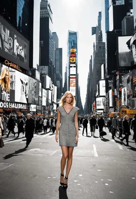 English blonde woman model walking down a busy city street in a dress, proportion of fashion models, a black and white photo, digital art, in time square, standing in time square, 4x5 styled street photography, street photo, street photography style, shot ...