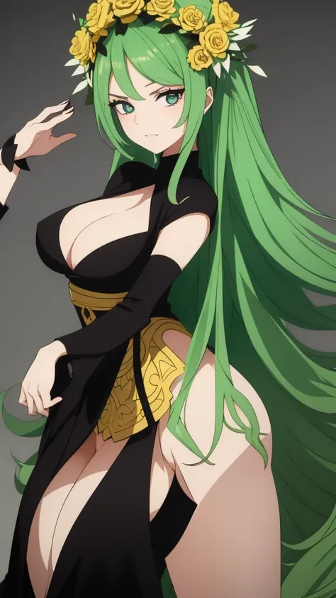 The character has long green hair styled in large waves. She has large expressive eyes, probably green to match her hair. The flower crown she wears is composed of various colorful flowers that contrast with the shade of her hair. Her outfit is a combinati...