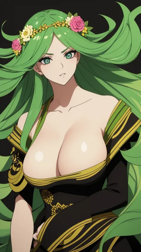 The character has long green hair styled in large waves. She has large expressive eyes, probably green to match her hair. The flower crown she wears is composed of various colorful flowers that contrast with the shade of her hair. Her outfit is a combinati...