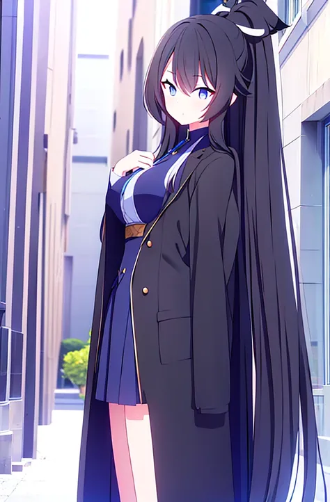 hair length about 5 meters girl long_hair black_hair tall black_uniform highschool 1girl high ponytail super long hair long hair