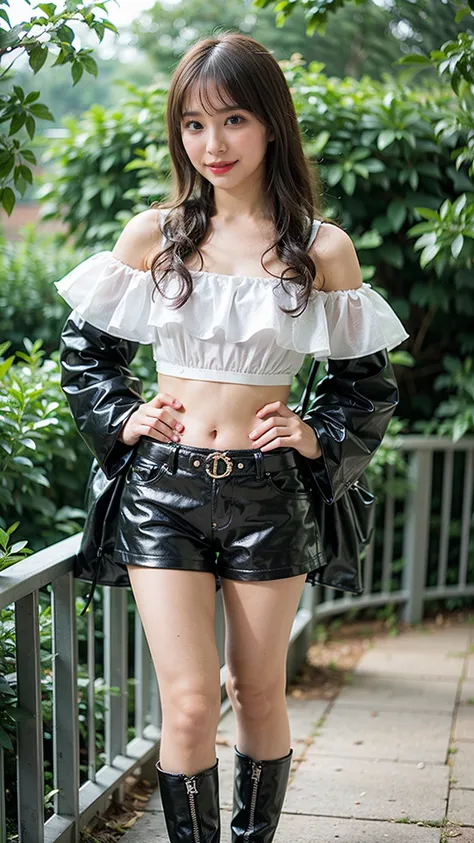 (8k、raw photos、highest quality、masterpiece:1.2)、(highest quality、realistic)、1 girl、((frills、tube top、black shorts、leather、off th...