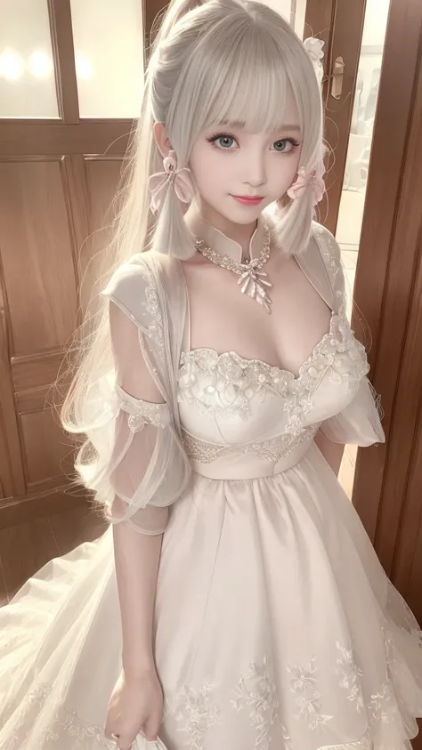 Fine details, high resolution, high quality、Perfect dynamic composition, Beautiful and delicate eyes, Double ponytail hairstyle, Beautiful breasts 、Natural lipstick, Face,Kamiaki、1 girl、clear translucent skin、Shiny hair、Pink luxury clothes、Fluffy skirt、Del...