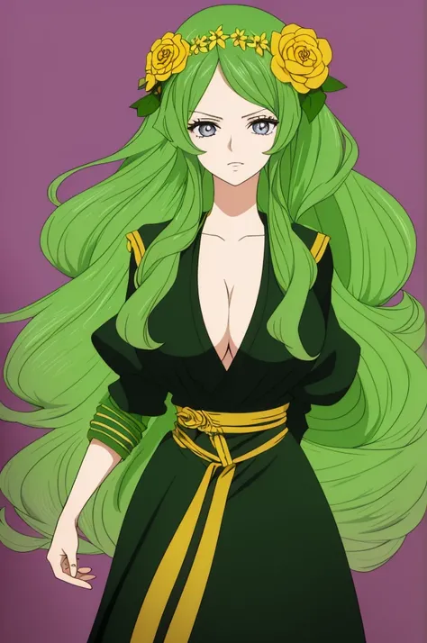 The character has long green hair styled in large waves. She has large expressive eyes, probably green to match her hair. The flower crown she wears is composed of various colorful flowers that contrast with the shade of her hair. Her outfit is a combinati...