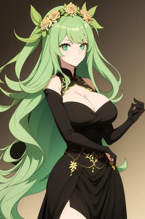 The character has long green hair styled in large waves. She has large expressive eyes, probably green to match her hair. The flower crown she wears is composed of various colorful flowers that contrast with the shade of her hair. Her outfit is a combinati...