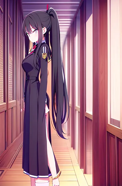 hair length about 5 meters girl long_hair black_hair tall black_uniform highschool 1girl high ponytail super long hair long hair