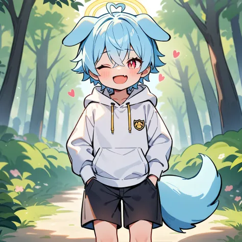 （masterpiece：1.2，high quality），4K，High resolution，A seven-year-old boy，cute boy， light blue hair，short hair，crossed bangs，light red eyes，slit pupils，one eye closed，heart ahoge，yellow halo，dog ears，laughing，skin fang，Wearing a white hoodie，Black shorts，Stan...