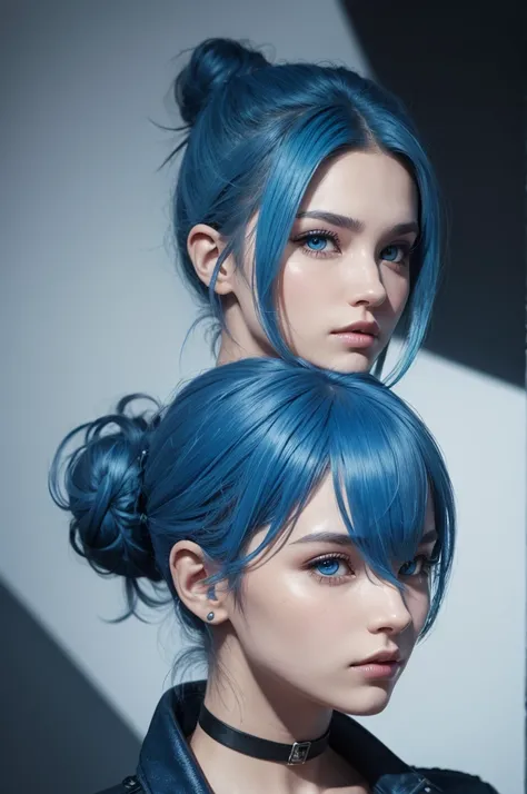 free fire style character ,hair with a bun in your hair,blue color hair