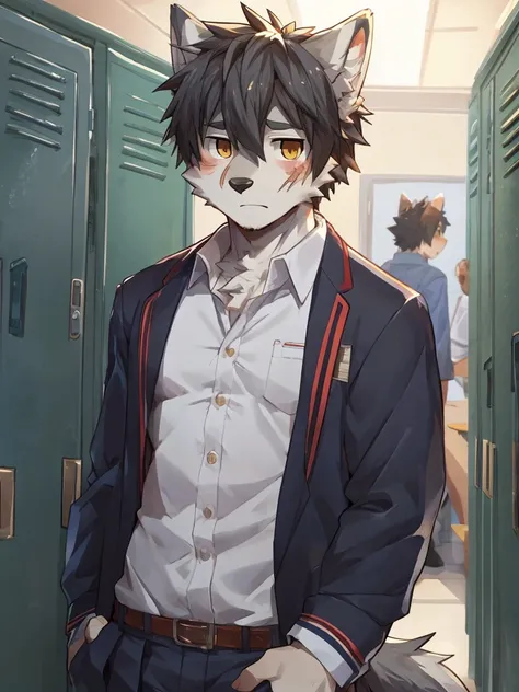 embedding:Gray wolf,Golden Eyes，Single Person,a scar on the face.Gray fur，High school students,male school uniform,Scratch head,Standing by the school locker,Nervous,Male.Thin,Handsome,Smart,Nervous,Best quality hands, best quality eye，detailed fur，Delicat...