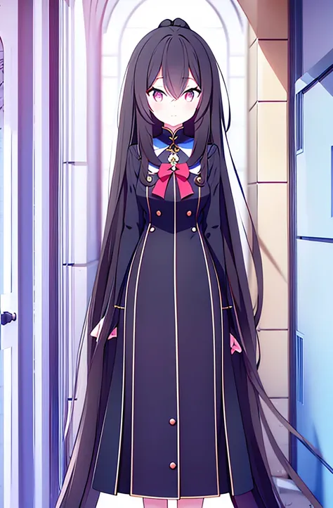 hair length about 5 meters girl long_hair black_hair tall black_uniform highschool 1girl high ponytail super long hair long hair