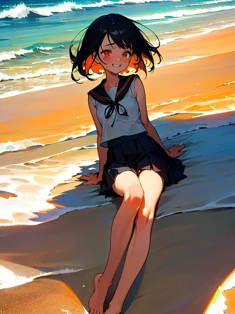 Highest quality,One girl, Shortcuts,masterpiece, High resolution, Anatomically correct, Orange eyes,far and near method, Anime Style, Black Hair, Feet out of frame, Sailor suit,Pleated skirt,Beach in the early morning, Sunburn,Slanted Eyes, Are crying, Smi...