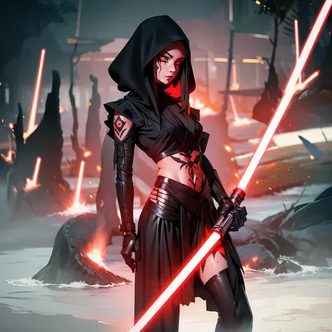 the girl is a sith lord. she is wearing a black top and underpants. her skin is covered with black tattoos. she has red-yellow e...