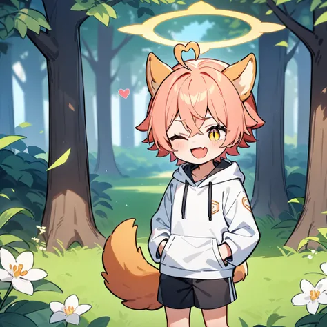 （masterpiece：1.2，high quality），4K，High resolution，A seven-year-old boy，cute boy， light red hair，short hair，crossed bangs，light yellow eyes，slit pupils，one eye closed，heart ahoge，yellow halo，dog ears，laughing，skin fang，Wearing a white hoodie，Black shorts，St...