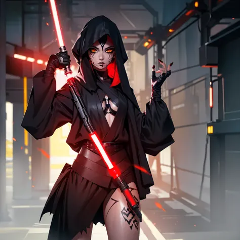 the girl is a sith lord. she is wearing a black top and underpants. her skin is covered with black tattoos. she has red-yellow e...