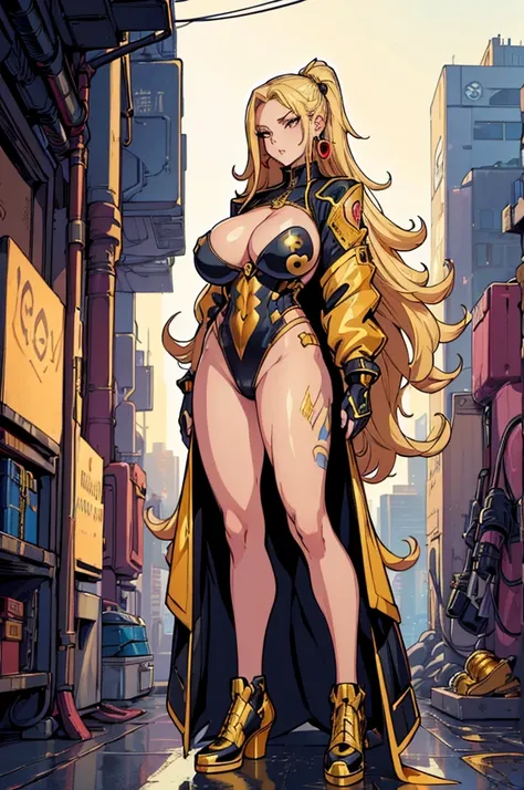 (masterpiece, best quality, high resolution,((huge breasts))1 beautiful woman,very long blonde hair, cyberpunk-style gold busine...